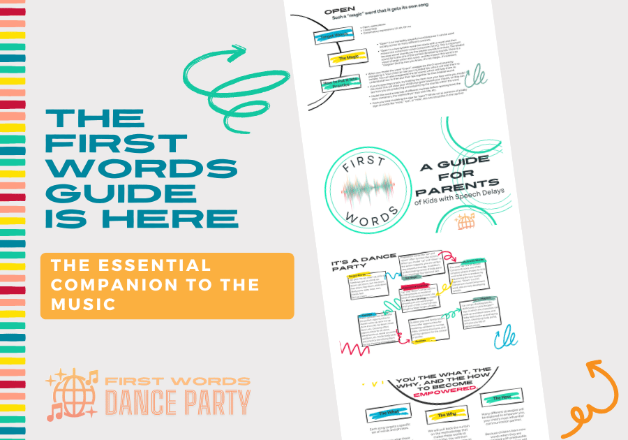 Colorful product preview of First Words Guide for Parents of Kids with Speech Delays on charcoal background