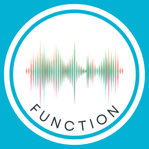 Colorful sound wave within a white circle on a blue square stating functional words for kids delayed in speech 