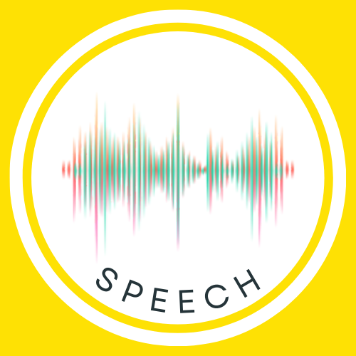 Colorful sound wave within a white circle on a yellow square stating speech for kids delayed in speech 