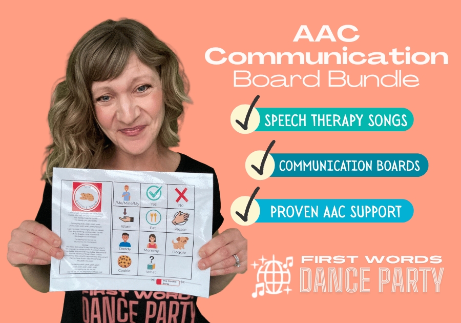 An early interventionist who creates speech therapy songs holding an AAC communication board.