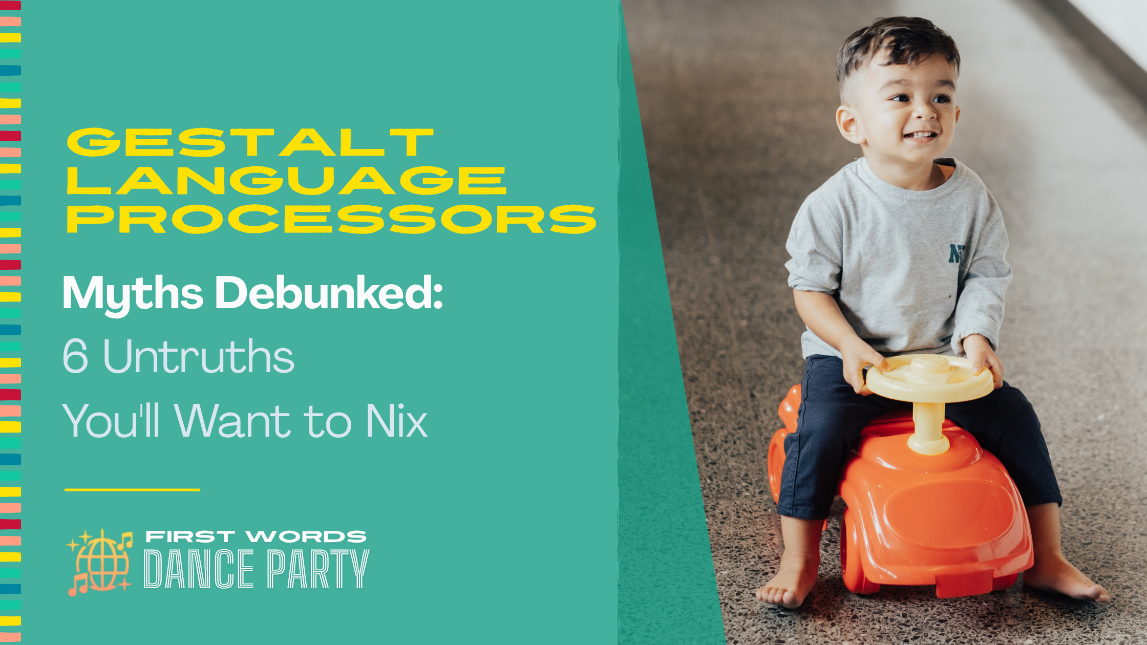 A child, who is one of many gestalt language processors, on a riding toy