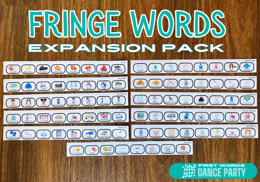Fringe words on printed strips for a coreboard.