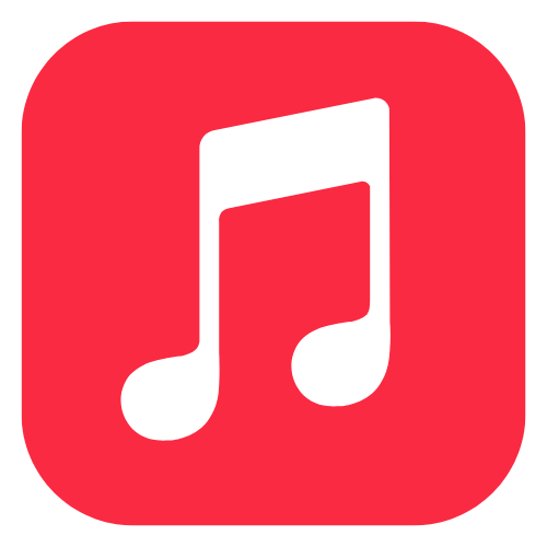 Clickable red apple music eighth notes logo to stream speech therapy songs.