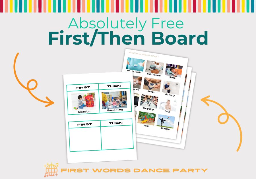 First/then board pictured next to visuals that can be cut out and placed on the board