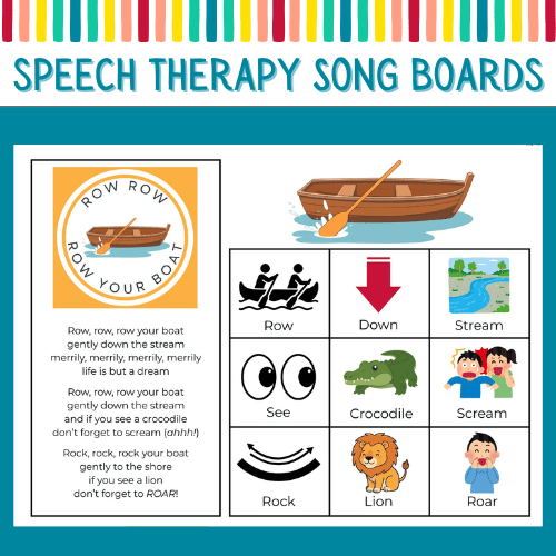 A speech therapy song board for Row, Row, Row Your Boat.