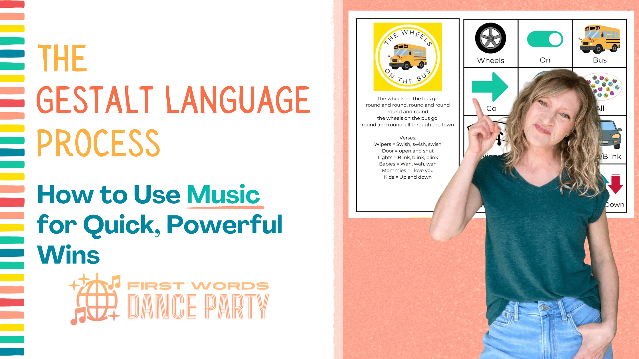 An early intervention teacher pointing to a Wheels on the Bus song board visual for children following the gestalt language process.