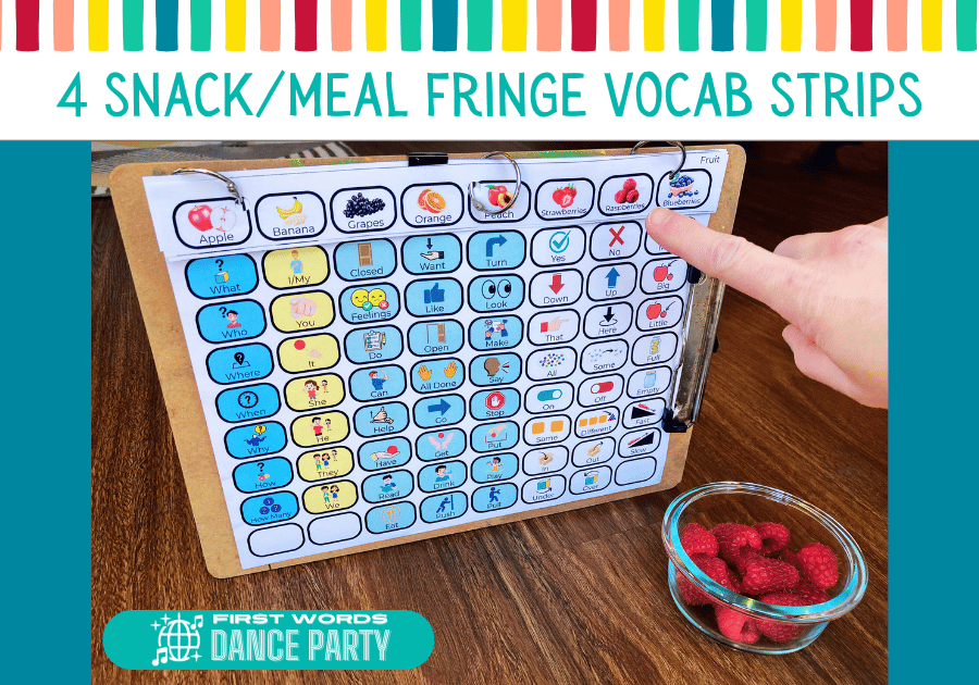 A hand pointing to a symbol of raspberries on a fringe vocab strip at the top of an AAC core board.