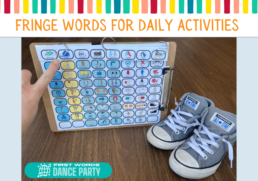 A hand pointing to a symbol of shoes on the fringe words at the top of an AAC core board.