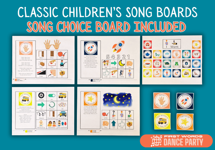 A set of song boards and a song choice board for speech therapy.