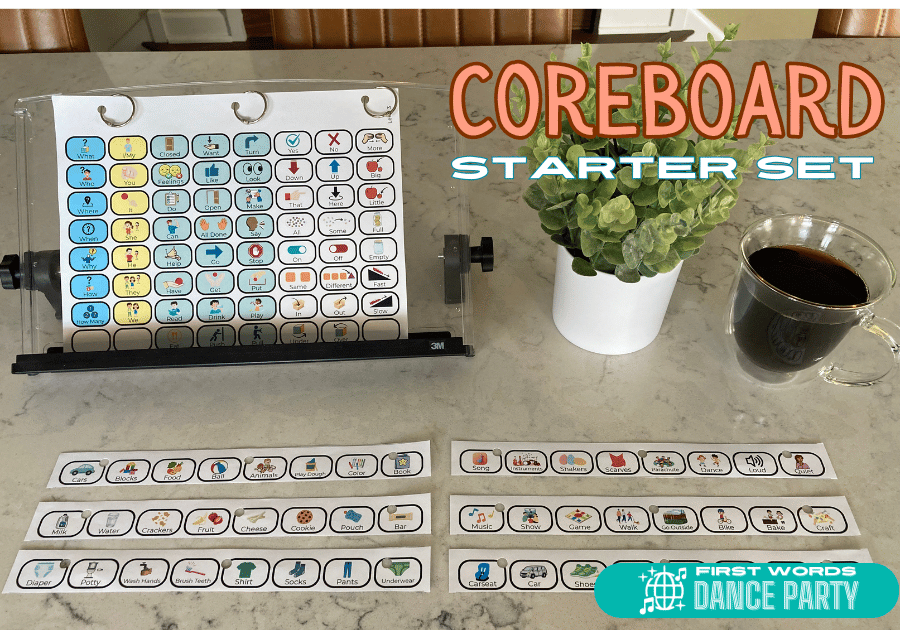 A coreboard for young children who communicate with AAC.