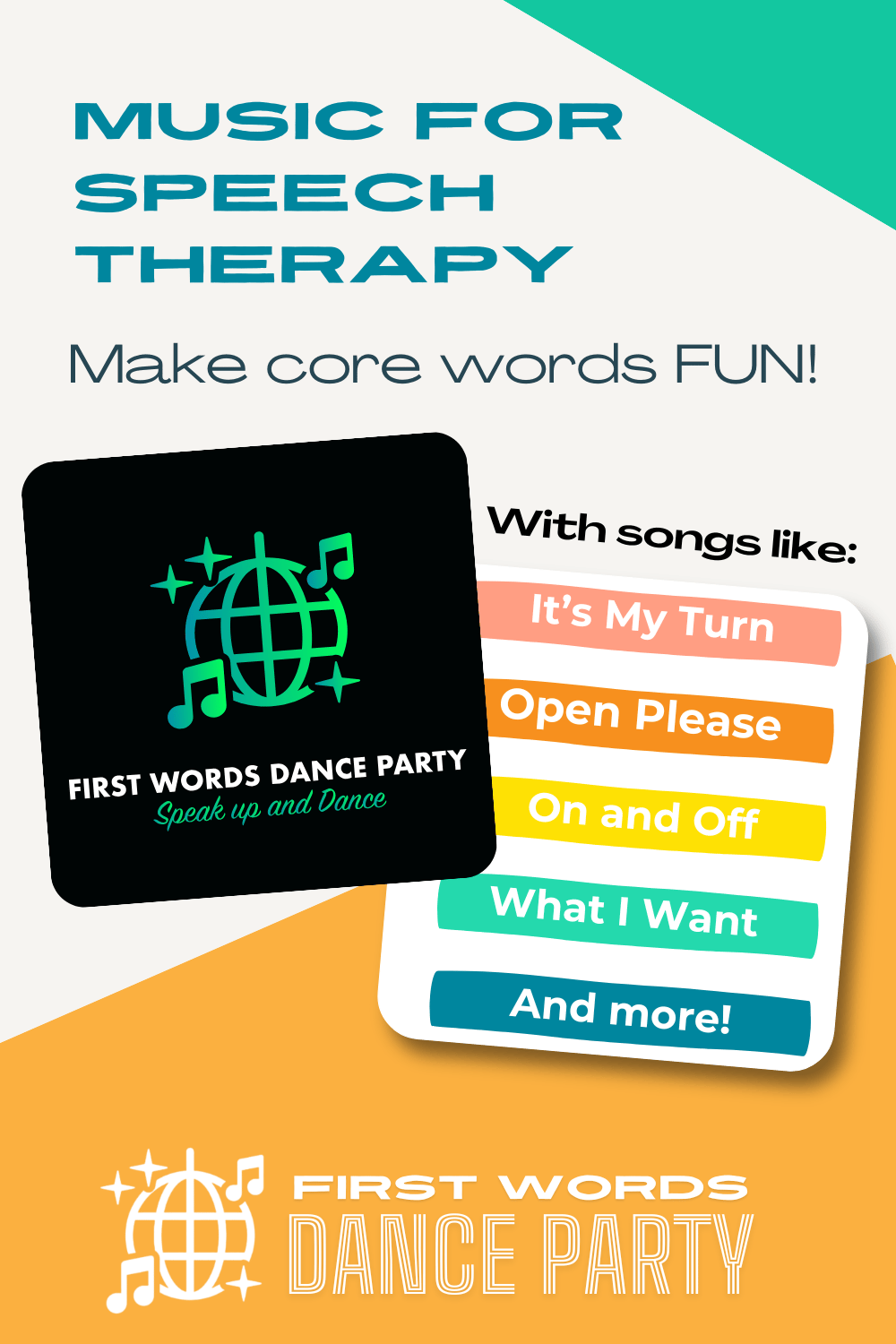 An album cover of speech therapy songs for core words, aac users, and children with speech delays.