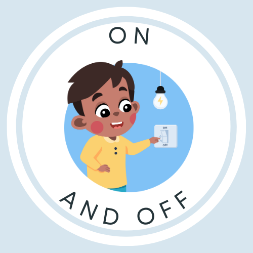 A song cover for the On and Off core vocabulary song featuring a child turning a light on and off.