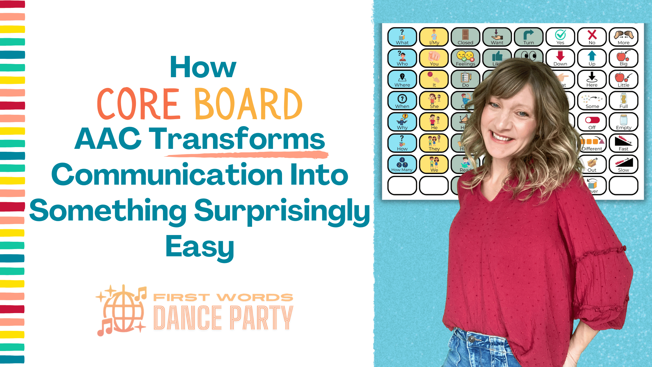 A core board AAC system for children with speech delays and language disorders, pictured behind an early intervention teacher.