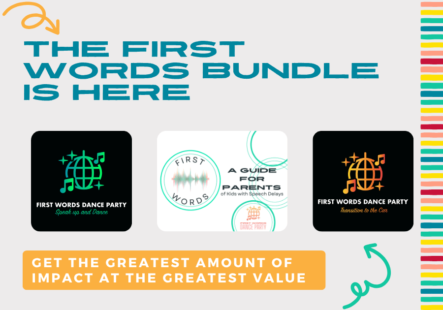 Album and single covers next to cover of guide for increasing expressive and receptive language