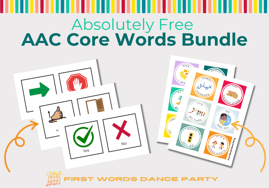 AAC core words visuals and song boards for encouraging language development.