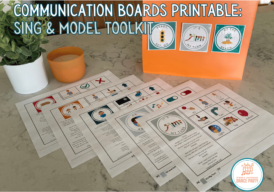 Printable communication boards featuring speech therapy songs for children with speech delays and language disorders.