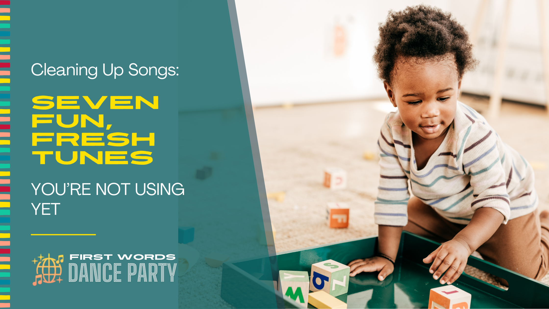 Toddler tidying up while listening to cleaning up songs