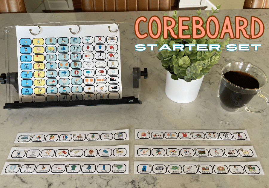 A coreboard for young children who communicate with AAC.