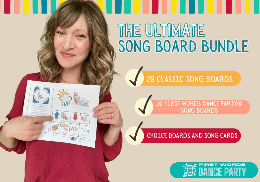 The creator of First Words Dance Party® holding a song board included in the ultimate song board bundle.