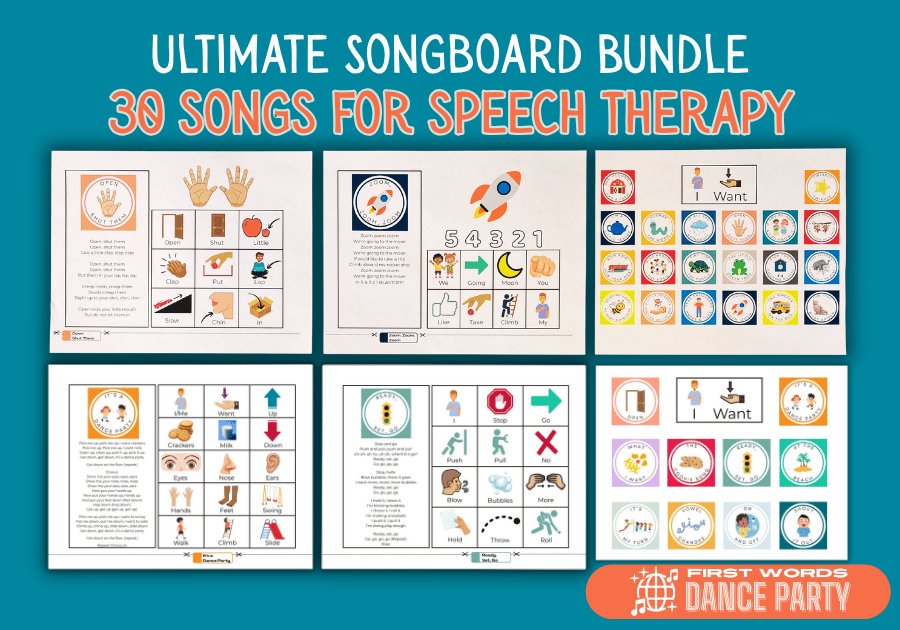 A songboard bundle that includes nursery rhymes, original speech therapy songs, and "I want" song choice boards.