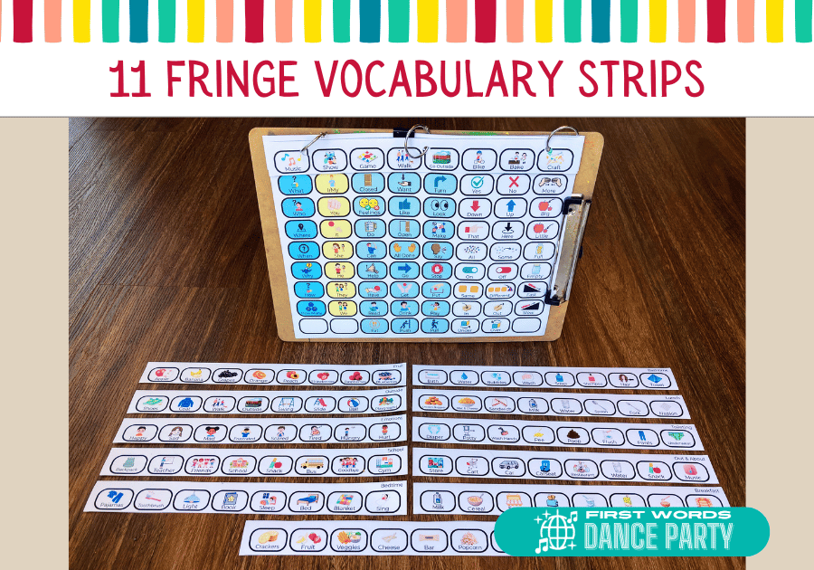Eleven strips of fringe vocabulary in front of a core board with a fringe vocabulary strip across the top.