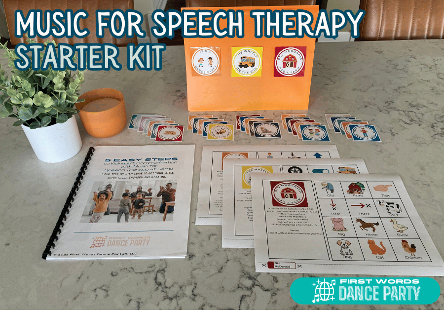 A music for speech therapy start kit consisting of a guide, three song boards, twenty-seven song choice cards, and three song choices presented on an orange folder.