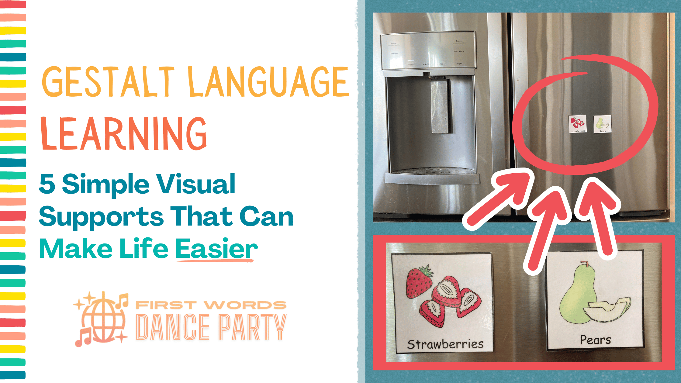 Two visuals on a fridge for a child following the gestalt language learning style.