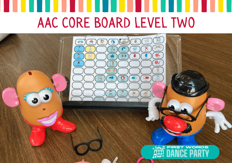 A core board, AAC, and toys used by a child with a language disorder.